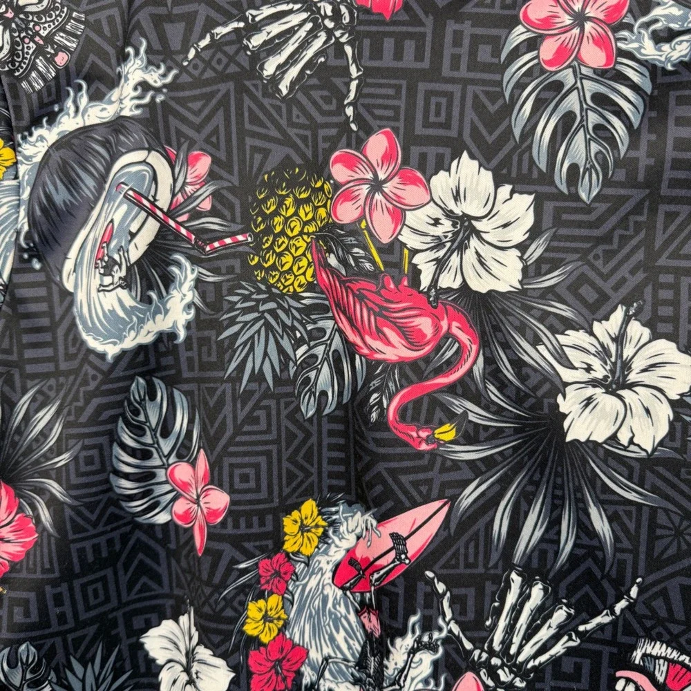 Good Vibes Drill Clothing Co Shirt Mens Medium Black Tropical Tiki Skeleton Surf